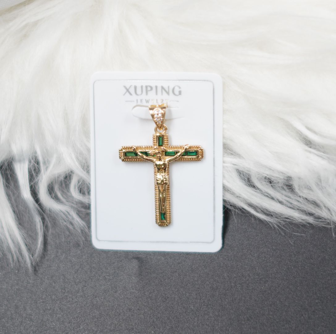 Miniatura 3 de DIJE CRUZ JESUS DORADO PIEDRAS VERDES